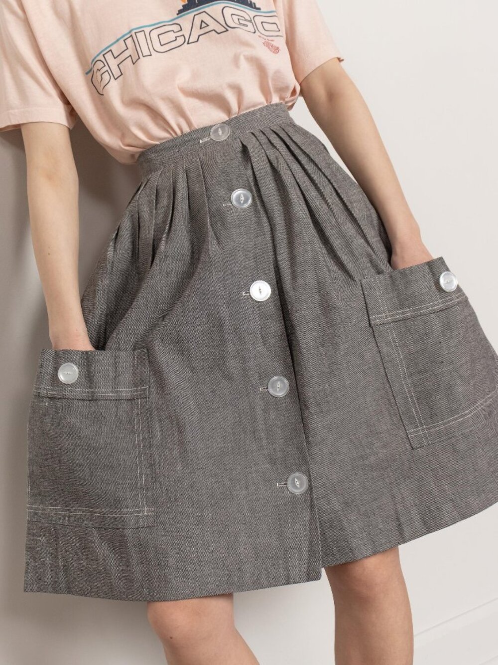 Vintage Grey Severe Pleated Skirt Linen Knee Length Xs / 24 Inch Waist - Picture 6 of 10